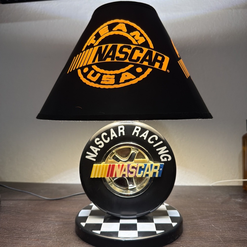 NASCAR Racing Tire Desk Lamp Checkered Flag Base Sports Decor Vintage Style